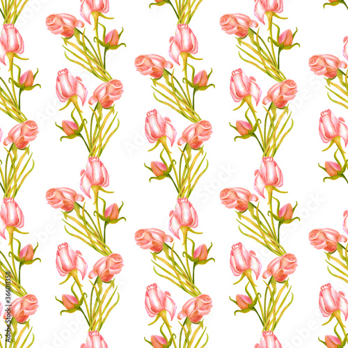 Watercolor dry rose bouquets seamless pattern. Hand drawn pale flowers and leaves in line. Vertical vintage floral texture isolated on white background for wallpaper, textile, wrapping paper, cards