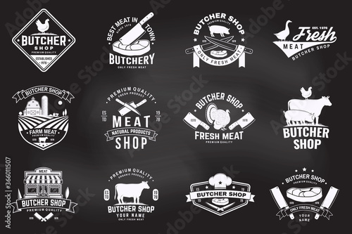 Set of butcher shop badge or label with cow, Beef, chicken. Vector. Vintage typography logo design with cow, chicken silhouette. Butchery meat shop, market, restaurant business.