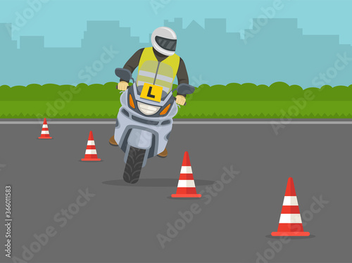 Driving lesson. Learner motorcyclist practising to turn while riding a bike. Flat vector illustration template.