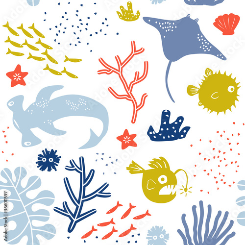 Vector Underwater World Kid or Child Seamless Pattern with Stingray, Puffer Fish, Lantern Fish & Hammerhead Shark.