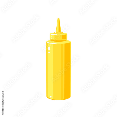 Mustard sauce in squeeze bottle for fast food, vector illustration cartoon icon isolated on white background.