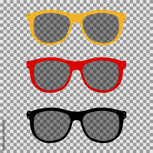 Eye glasses set. Sunglasses on a transparent background. Stylish glasses with a background. Different colors in set