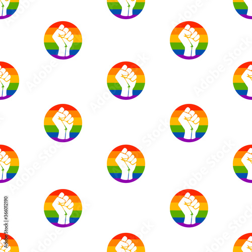 Symbol of the LGBT community, a fists in a rainbow circle. Black lives matter. Movement for freedom and equality. Vector pattern with white fist in a rainbow circle