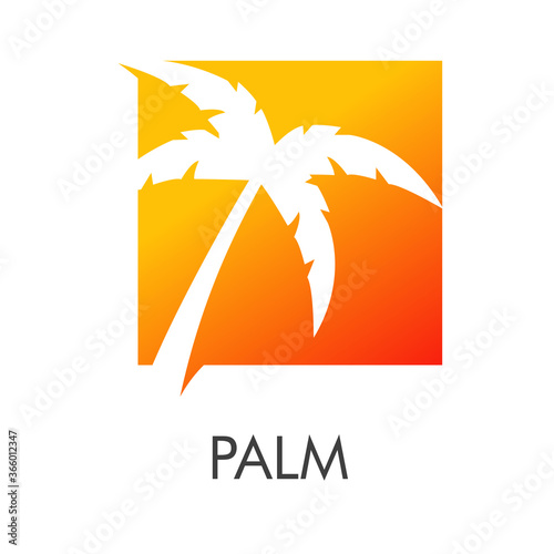 Logotipo abstracto con palabra Palm y un árbol de palma en cuadrado color anaranjado