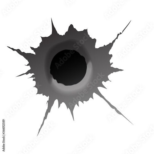 Bullet hole on white background. Realisic metal bullet hole, damage effect. Vector illustration.