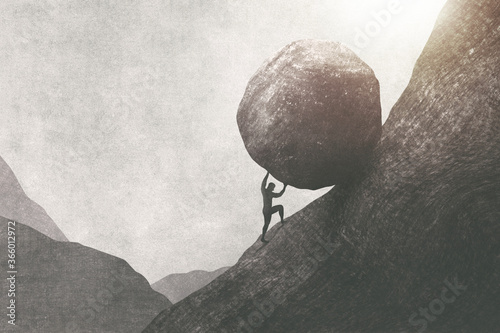 Tela illustration of strong man pushing big rock uphill, surreal concept