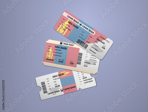 Modern design of Mongolia airline, bus and train travel boarding pass. Three tickets of Mongolia painted in flag color. Vector illustration isolated gradient background