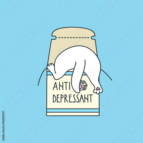 Antidepressant. Funny illustration of the white cat trying to get into a medication box isolated on white background. Vector 8 EPS.