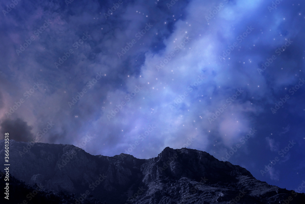 Photo of the night sky with the milky way and stars. The dark silhouette of the mountains. Tourism. Photo of the night sky with the milky way and stars. The dark silhouette of the mountains. Tourism.