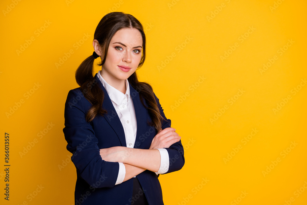 Turned photo serious charming high school student girl cross hands ready for college university lesson campus wear good look uniform isolated over shine color background Turned photo serious charming high school student girl cross hands ready for college university lesson campus wear good look uniform isolated over shine color background
