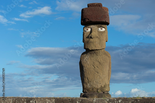 Moai wearing a Pukao (Topknots), Tahai ceremonial complex, Hanga Roa, Rapa Nui National Park, Easter Island, Chile, Unesco World Heritage