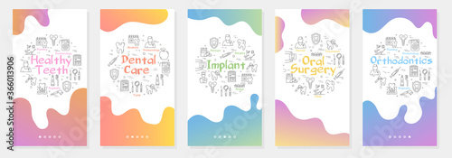 Vertical five gradient banners with line concept of dentistry - orthodontics and dental oral surgery