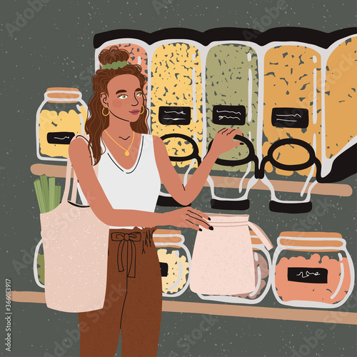 Vector colorful illustration of cute young girl with eco bag buy food in the store or market, trendy dressed on abstract backgrounds. Zero waste concept.