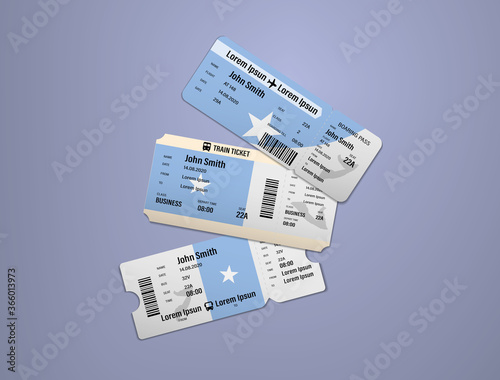 Modern design of Somalia airline, bus and train travel boarding pass. Three tickets of Somalia painted in flag color. Vector illustration isolated gradient background photo