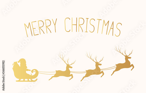 Golden silhouette of santa claus on sleigh with reindeers. Happy new year decoration. Merry christmas holiday gold lettering. Vector isolated illustration for xmas celebration.