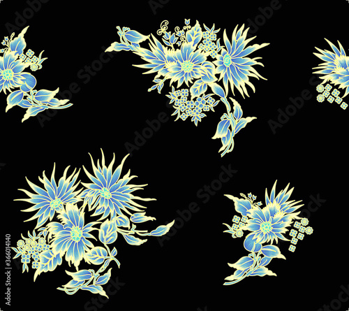 Flower design for fashion  exotic leaves and flowers in neon light. Seamless pattern