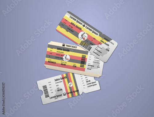 Modern design of Uganda airline, bus and train travel boarding pass. Three tickets of Uganda painted in flag color. Vector illustration isolated gradient background