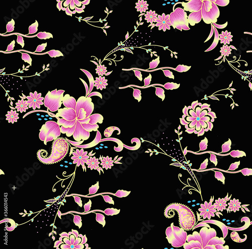Flower design for fashion: exotic leaves and flowers in neon light. Seamless pattern