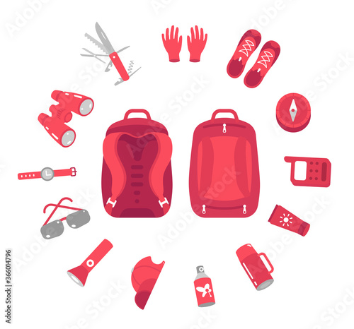 Contents of a hiking backpack. Camping knapsack set. Mountain hike bag equipment kit. Tourism travel adventure. Flat vector illustration.