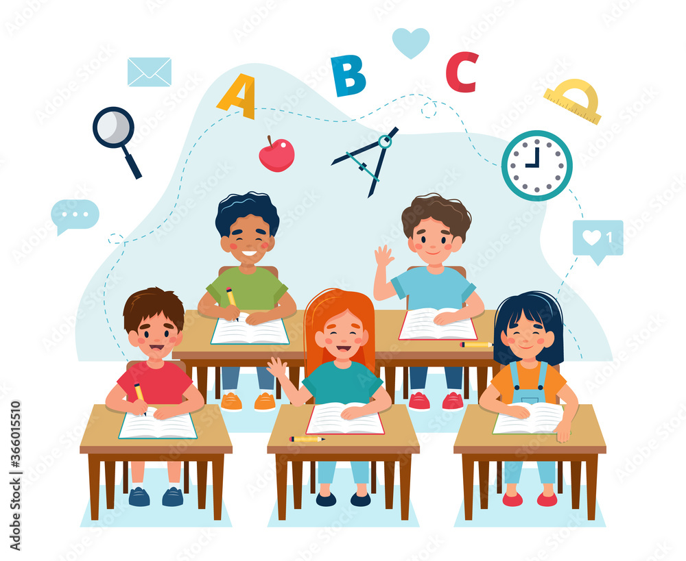 Happy children sitting in class at desks, back to school concept, cute characters. Vector illustration in flat style Happy children sitting in class at desks, back to school concept, cute characters. Vector illustration in flat style