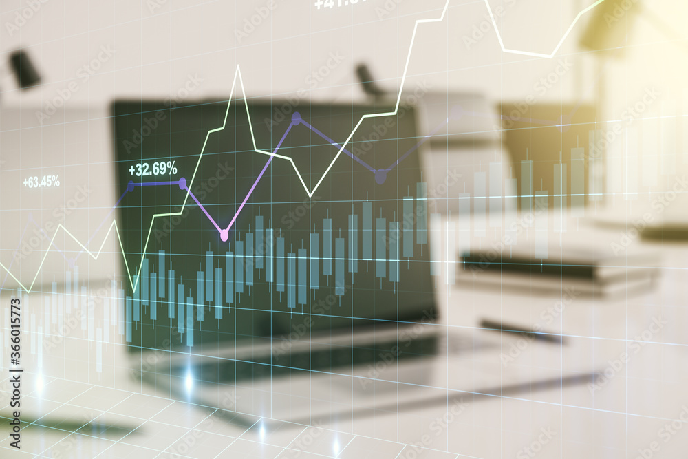Double exposure of abstract creative financial chart on modern laptop background, research and strategy concept Double exposure of abstract creative financial chart on modern laptop background, research and strategy concept
