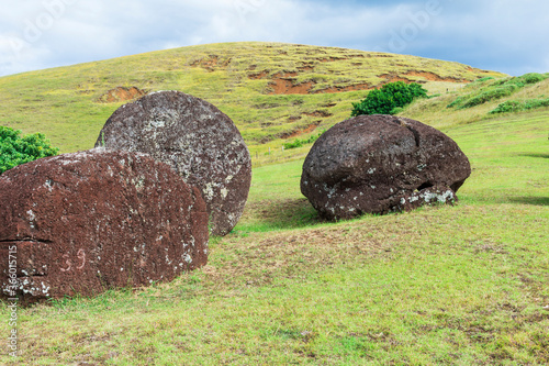 Puna Pau crater where the the Pukaos (Topknots or red hats) were carved, Rapa Nui National Park, Easter Island, Chile, Unesco World Heritage Site photo