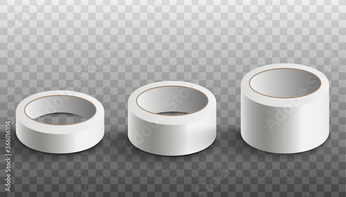 Set of white scotch tape rolls realistic vector mockup illustration isolated.