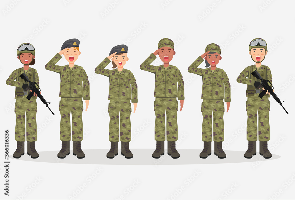 Fototapeta premium Group of army, men and woman, in camouflage combat uniform saluting. Cute flat cartoon style. Isolated vector illustration.