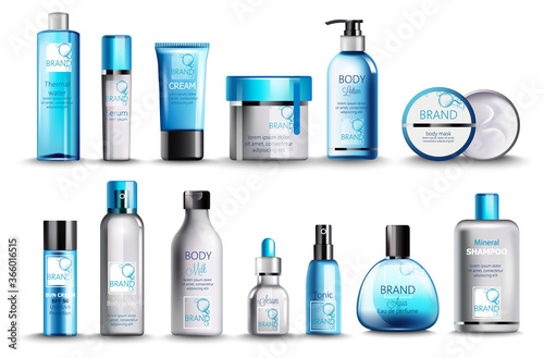 Set of cosmetic with thermal water, serum, cream, lotion, body mask, body spray, milk, tonic, perfume and mineral shampoo. Realistic vector. Product placement. Blue color
