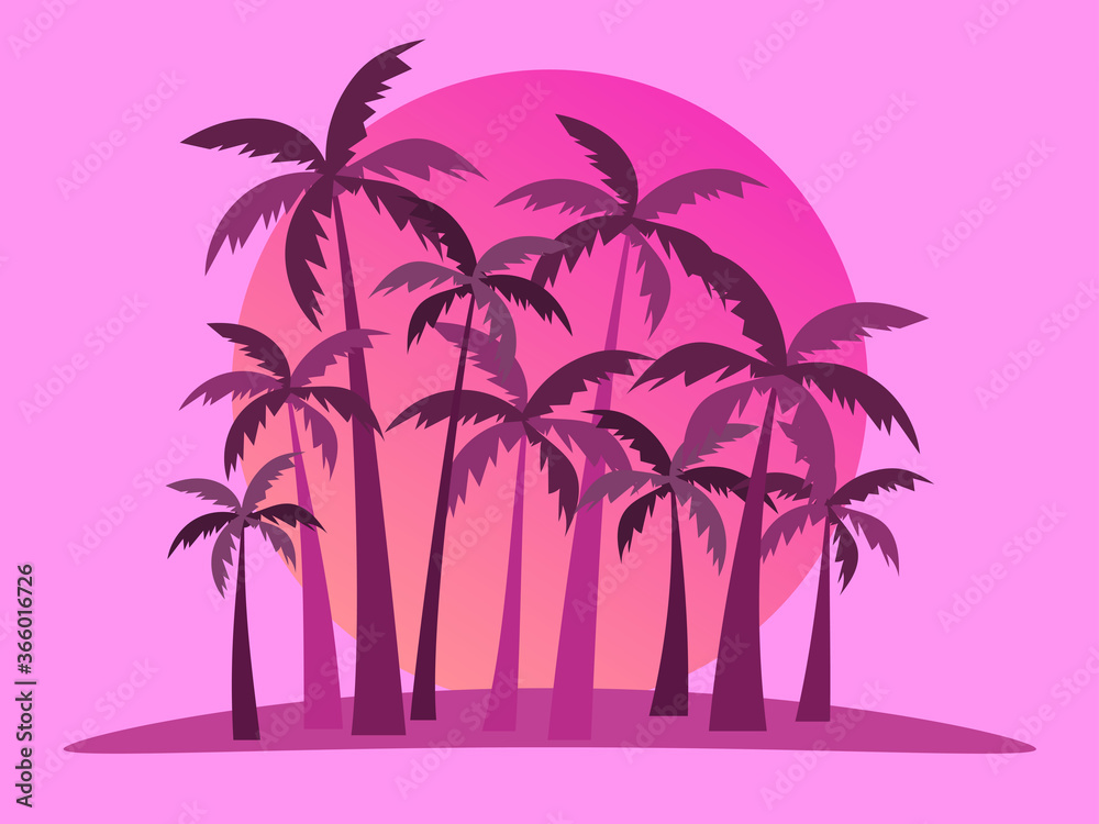 Tropical landscape with palm trees on a background of sea sunset. .80s Retro style. Background for advertising, poster and banner. Vector illustration