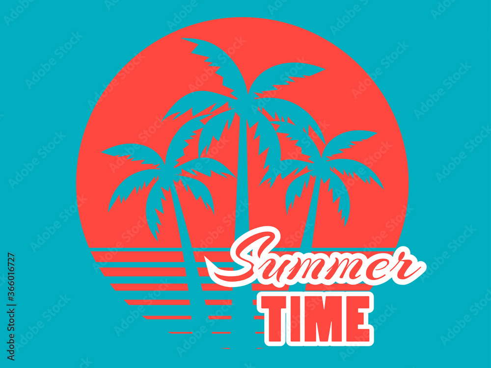Summer time. 80s retro palm trees on a sunset. Tropical landscape. Tiffany blue and coral red colors. Vector illustration
