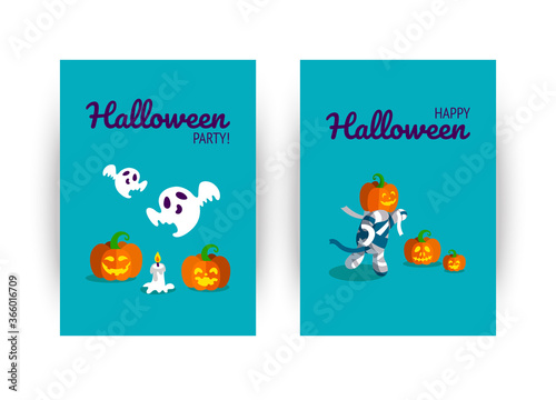 Greeting card for Halloween party. Halloween characters with pumpkins and candle. Vector illustration in flat style