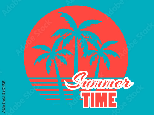 Summer time. 80s retro palm trees on a sunset. Tropical landscape. Tiffany blue and coral red colors. Vector illustration
