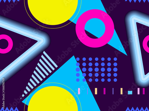 Geometric seamless pattern with neon glow effect. Background in the style of the 80s for promotional products, wrapping paper and printing. Vector illustration