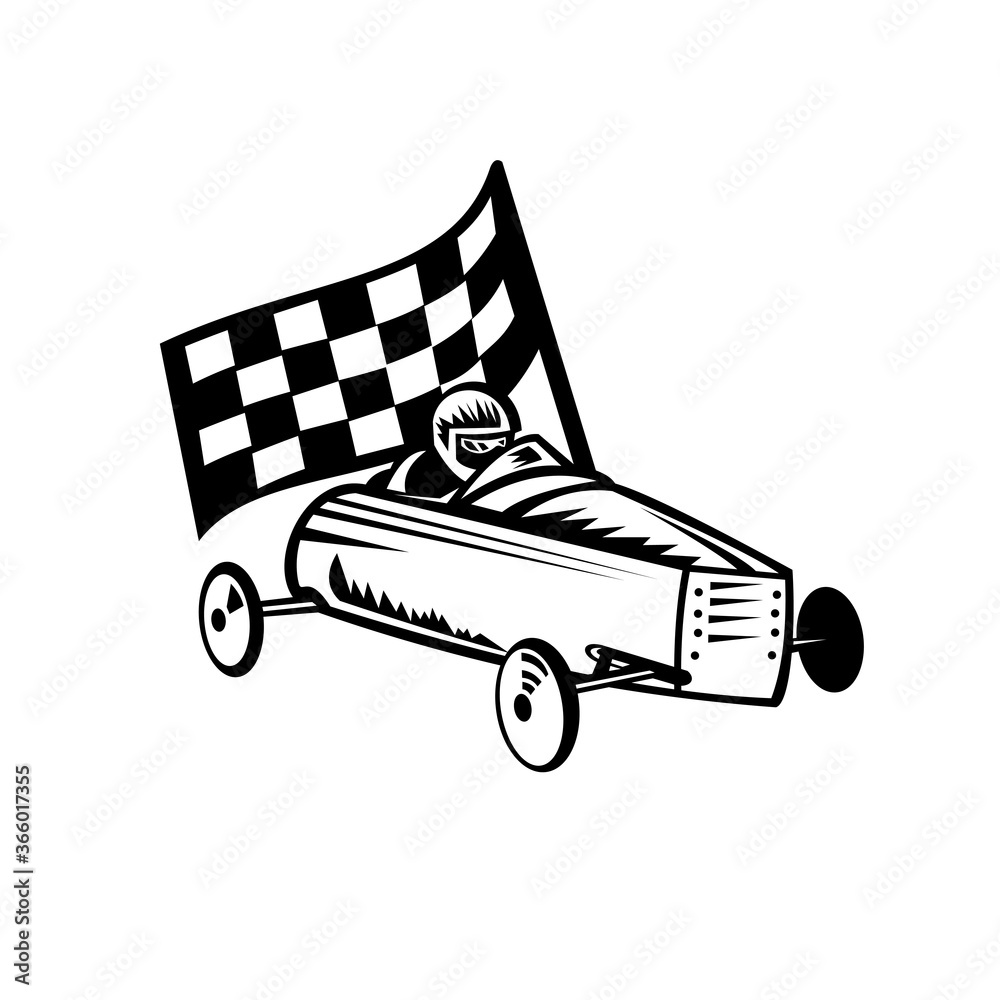 Vintage Soap Box Derby or Soapbox Car Racer Racing Flag Retro Black and White - obrazy, fototapety, plakaty 