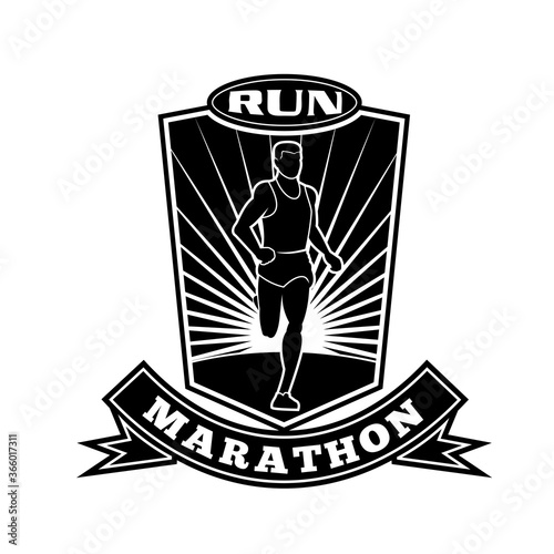 Marathon Runner Running Front View Shield Retro Black and White