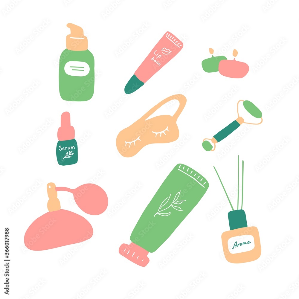 Skin care. Cosmetic products and accessories. Beauty icons for digital and print. Cute hand drawn flat vector graphic