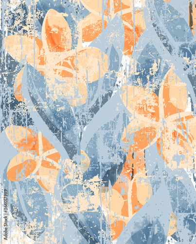 Frangipani flowers and leaves pattern in grunge style. Scratched and beat up ...