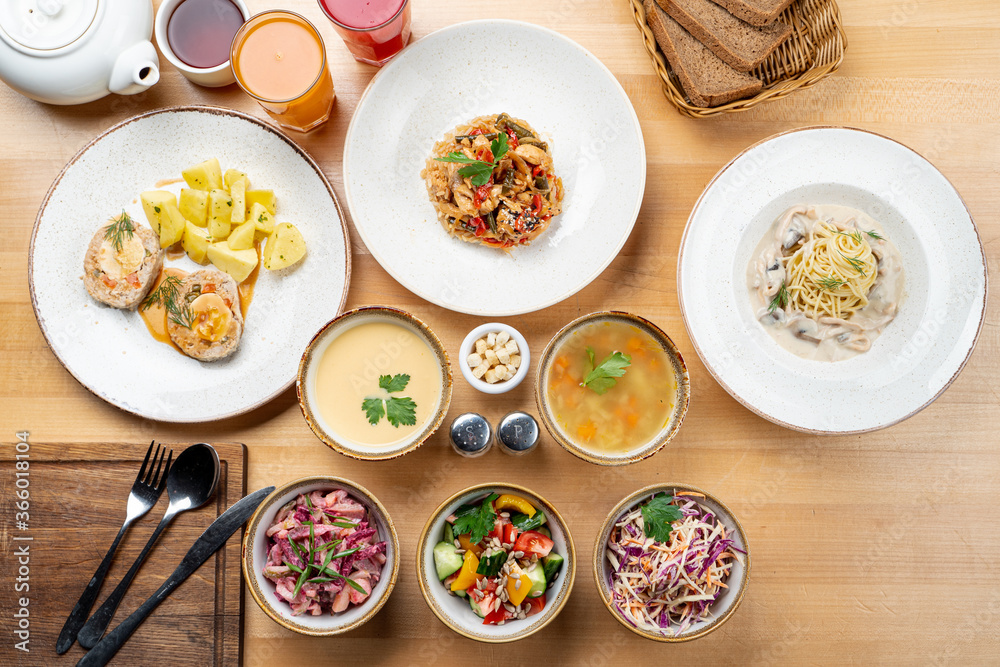 Overhead of russian set menu in a cafe