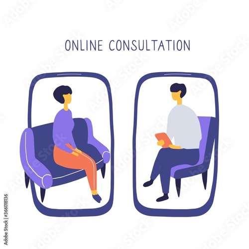 Woman at the psychologist online session. Doctor consultation by phone. Video call to psychiatrist. Online psychological therapy. Flat drawn doodle vector graphic