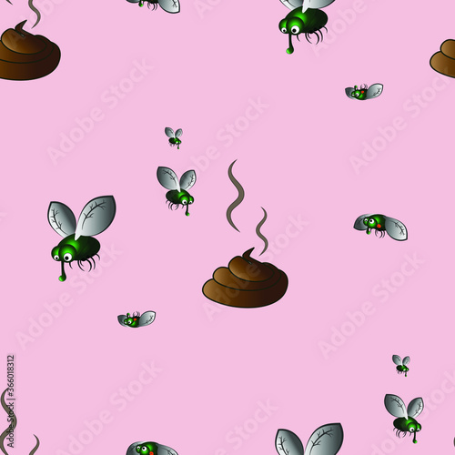 Green flies fly to the heady smell of village dung on a pink background.
