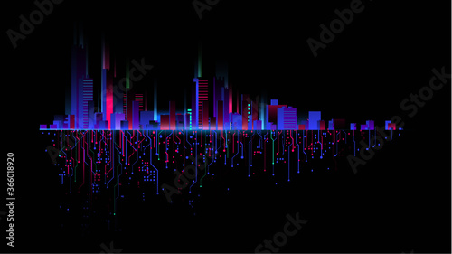Night city with neon glow on dark background vector 07