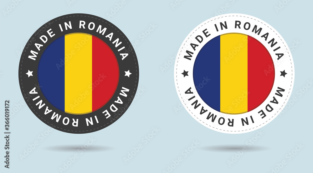Set of two Romanian stickers. Made in Romania. Simple icons with flags. Set of two Romanian stickers. Made in Romania. Simple icons with flags.