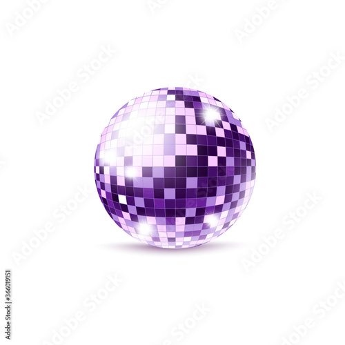 Purple disco ball with shiny mirror surface isolated on white background