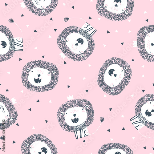 Cute seamless pattern with lion on a pink background. Perfect for kids apparel, fabric, textile, nursery decoration, wrapping paper. Trendy vector pattern.