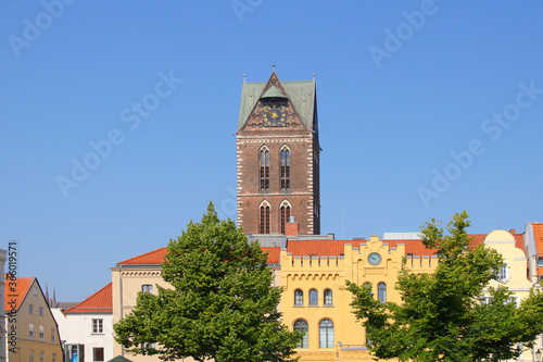 View from market square to the tower from the st. mary's church of hanseatic town Wismar, Germany