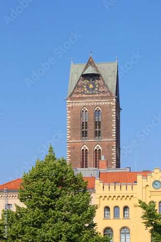 View from market square to the tower from the st. mary's church of hanseatic town Wismar, Germany