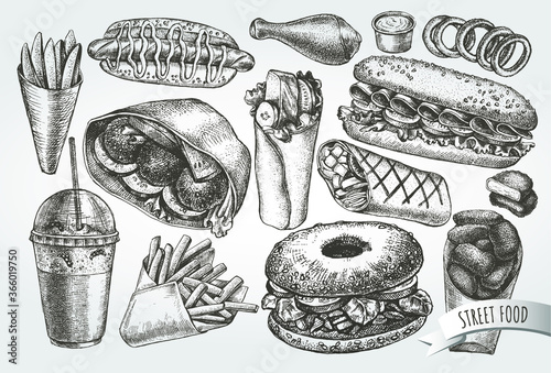 Ink hand drawn set of street food - hot dog, sandwich, French fries, nuggets, bagel, milkshake, ice cream.  Fast Food elements collection for menu or signboard design. Vector illustration.