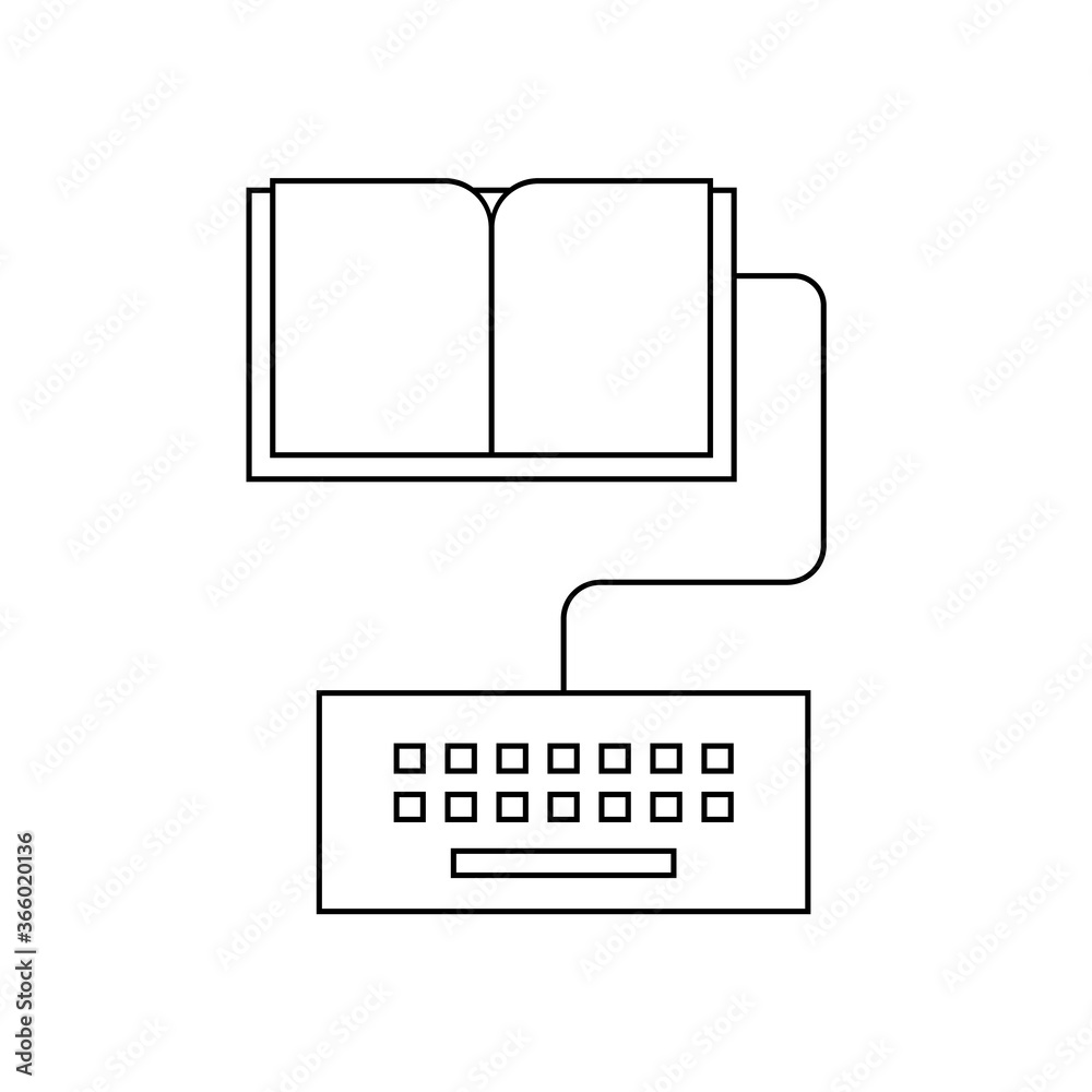 E-book symbol line icon. A book connected to a computer keyboard. Writing assignment concept. Online education, distance learning, homeschooling. Source of information. Vector illustration, clip art. E-book symbol line icon. A book connected to a computer keyboard. Writing assignment concept. Online education, distance learning, homeschooling. Source of information. Vector illustration, clip art.