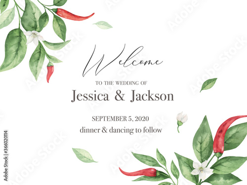 Watercolor vector hand painted red hot chili pepper wedding suite.